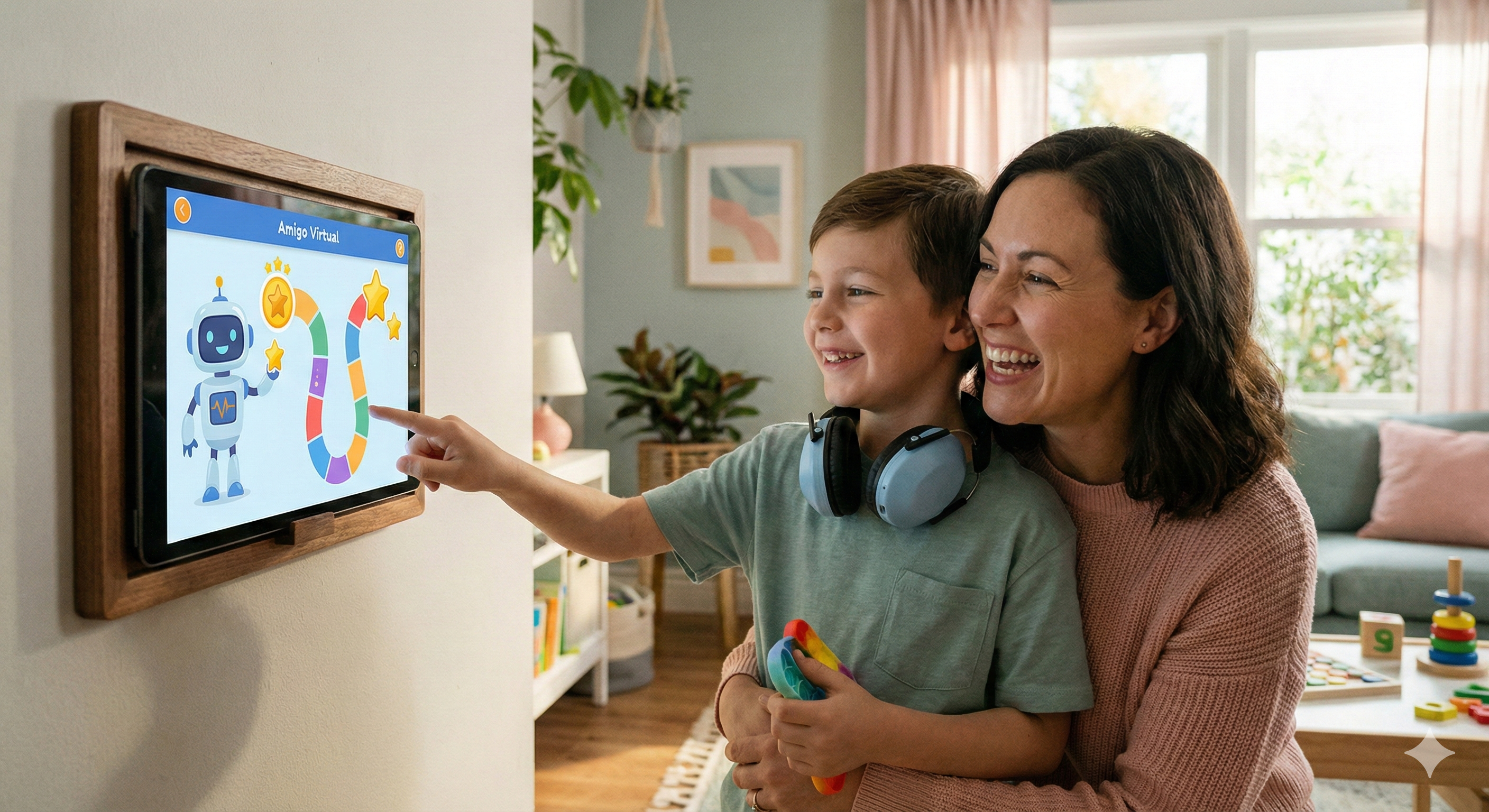 Mãe e filho felizes usando o tablet